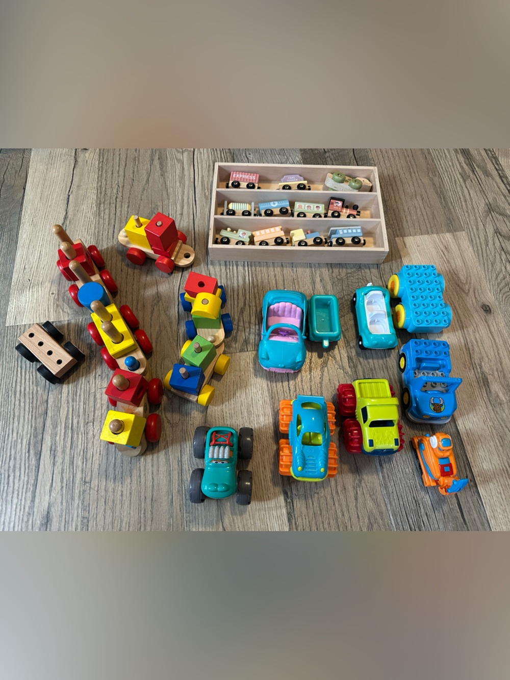 Assorted Kids Toy Vehicles and Wooden Train Cars - Multicolor